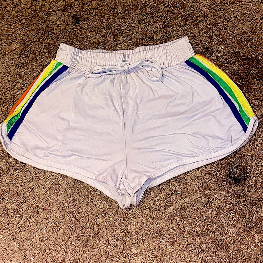 White Short Shorts with Rainbow Stripes